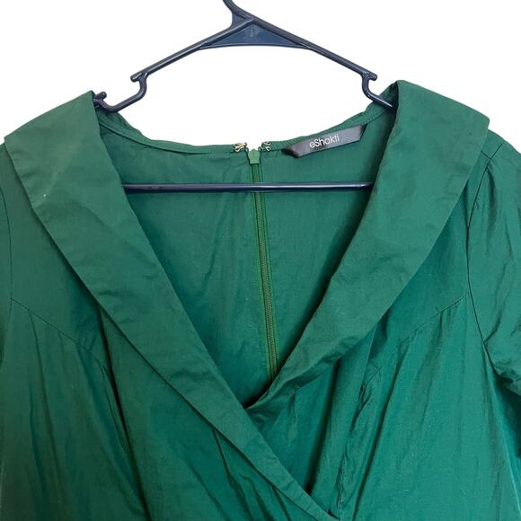 eShakti Shawl Collar Surplice Poplin Dress Emerald Green Mini Pleated Oz Size L - Picture 4 of 13